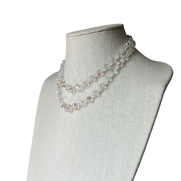 50s Aurora Borealis Clear Crystal Double Strand Necklace and Clip-on Earring Set - Picture 3 of 11